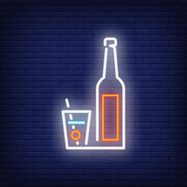 Neon icon of cocktail glass and bottle