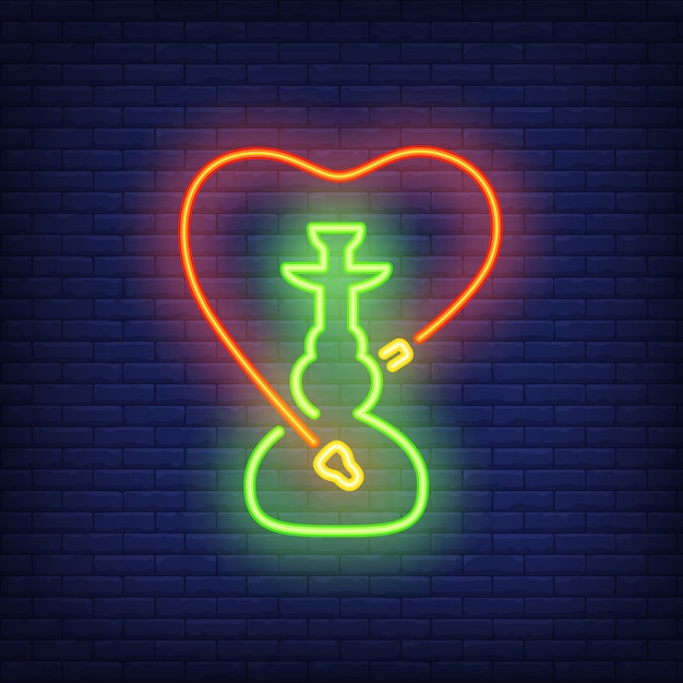 Neon icon of hookah with heart shaped hose