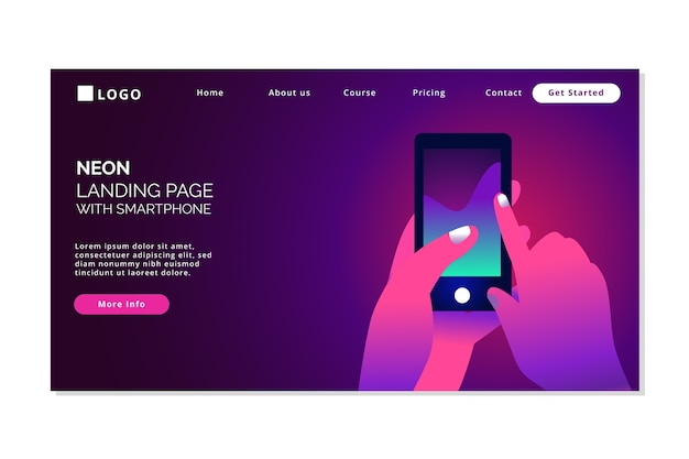 Free vector neon landing page with smartphone