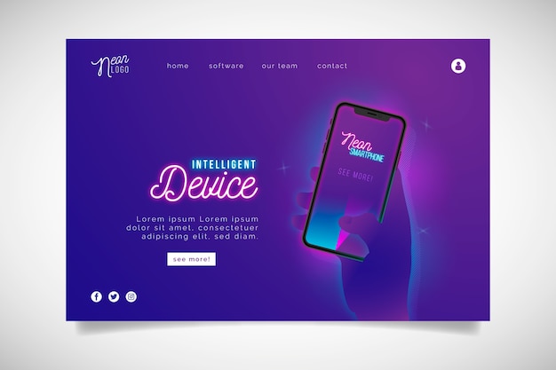 Neon landing page with smartphone