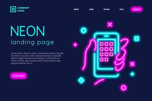 Neon landing page with smartphone