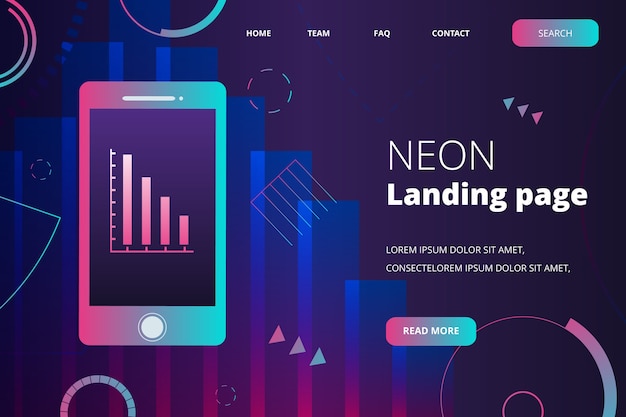 Neon landing page with smartphone