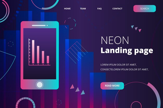 Neon landing page with smartphone