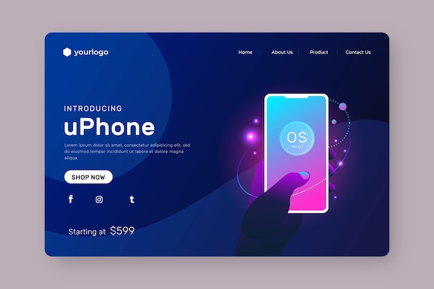 Free vector neon landing page with smartphone