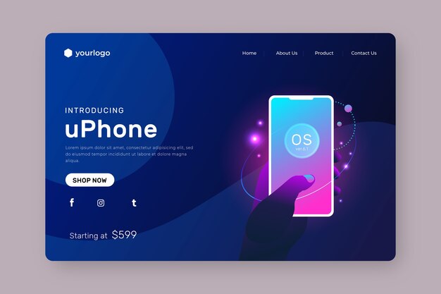 Neon landing page with smartphone