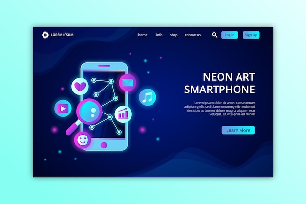 Neon landing page with smartphone