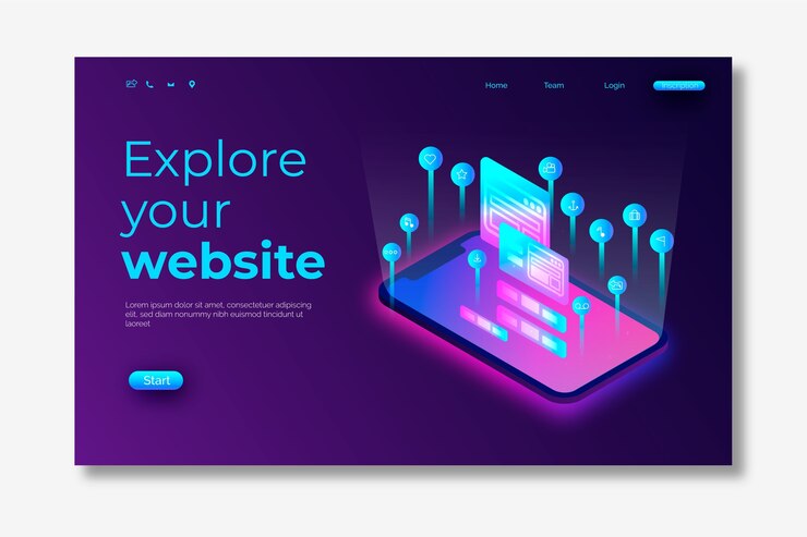 Бесплатный Вектор неоновая целевая страница со смартфоном