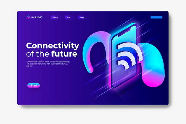 Neon landing page with smartphone