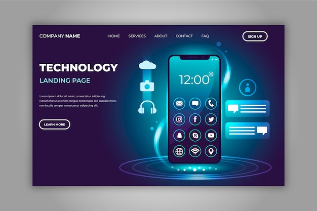 Free vector neon landing page with smartphone