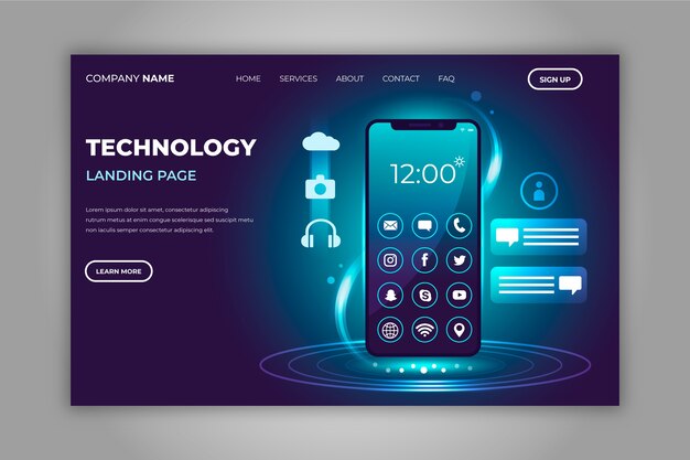 Neon landing page with smartphone