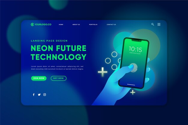 Neon landing page with smartphone