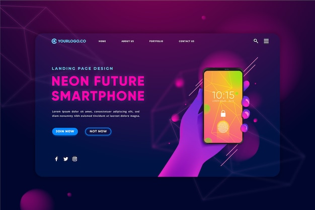 Neon landing page with smartphone