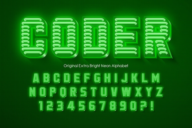 Neon light 3d alphabet, retro-futuristic origainal type. swatch color control.