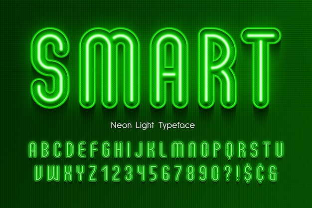 Neon light alphabet, extra glowing font.