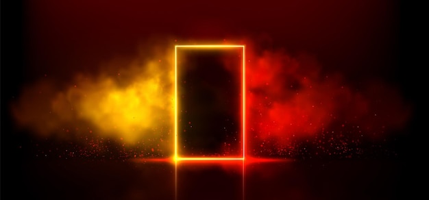 Porta con luce al neon su sfondo nero illustrazione realistica vettoriale di un portale a telaio rettangolare sul palco di un night club con riflesso di fumo giallo arancione rosso sul pavimento particelle scintillanti che brillano nell'aria