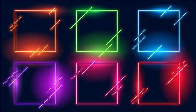 Free vector neon light square modern frames set of six