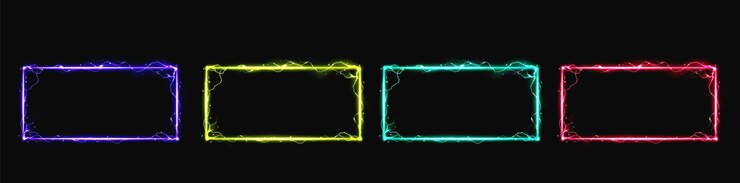 Free Vector neon lightning effect electric glow frame vector magic spark border with thunder sign energy magic portal rectangle shape with led plasma discharge in pink green gold purple bright color