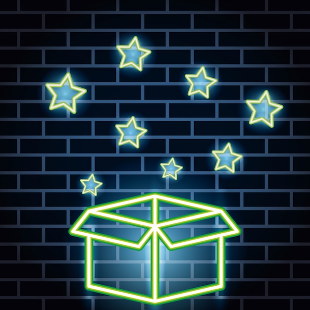 Бесплатное векторное изображение Этикетка неоновые огни с картонной коробке
