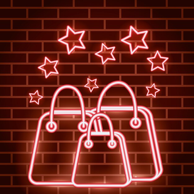 Neon lights label with shopping bags