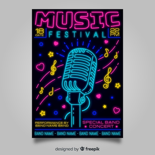 Бесплатное векторное изображение Шаблон плаката музыкального фестиваля неоновых огней