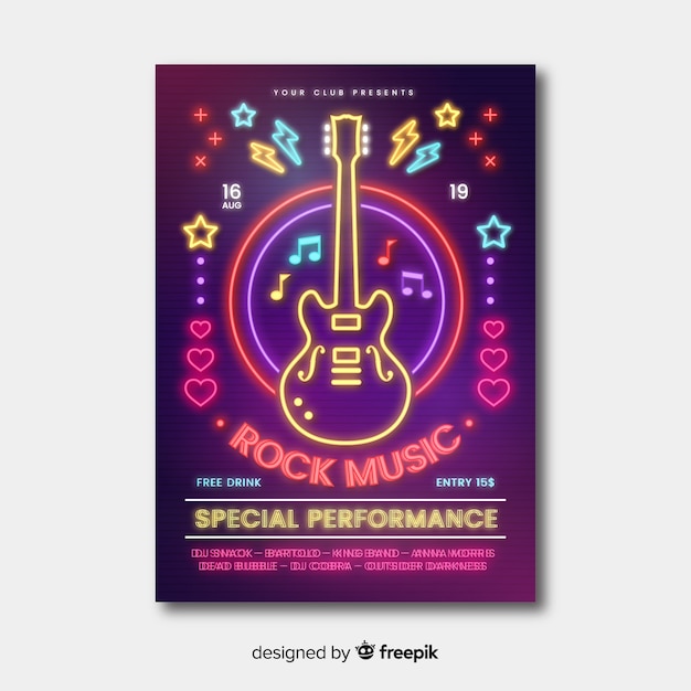 Free vector neon lights music festival poster template