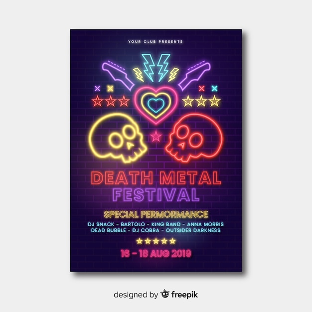 Neon lights music festival poster template