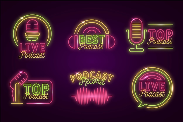 Insieme di logo del podcast di luci al neon