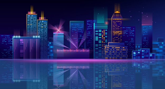 Free vector neon megapolis background with buildings, skyscrapers