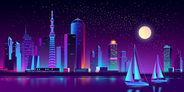 Neon megapolis on river with yachts