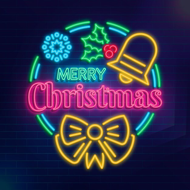 Neon merry christmas text with elements