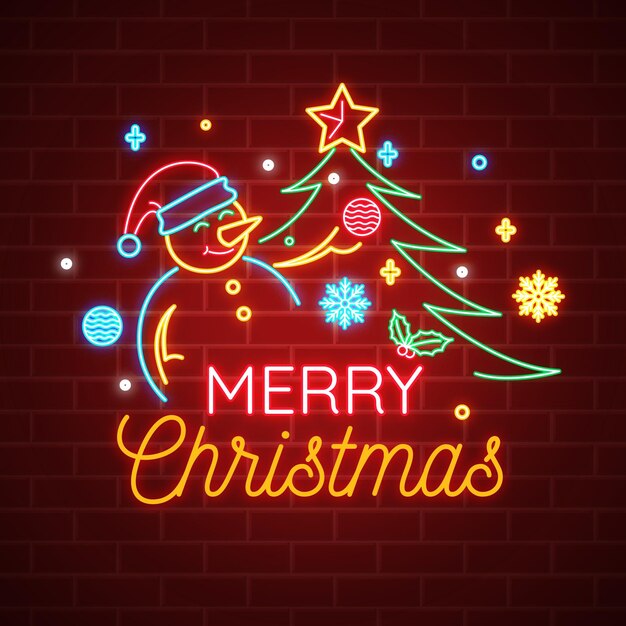 Neon merry christmas text with snowman and tree