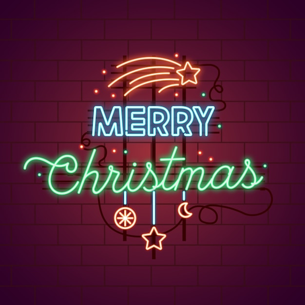 Free vector neon merry christmas with falling stars