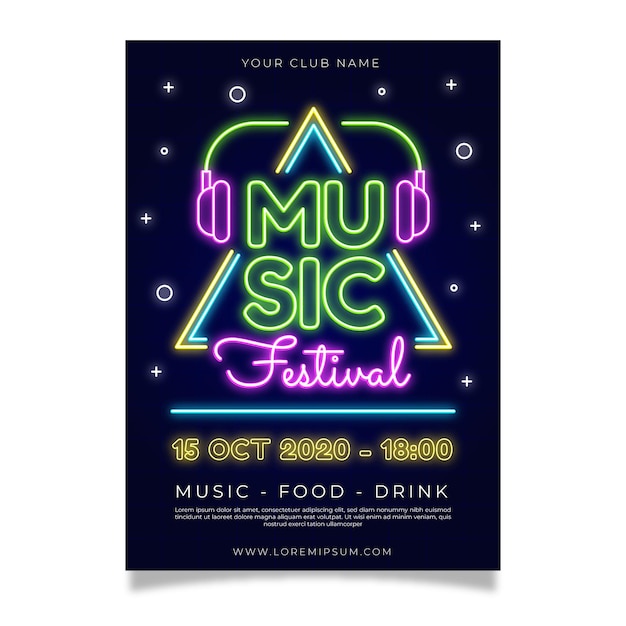 Free vector neon music festival poster template