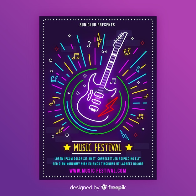 Free vector neon music poster template with electric guitar