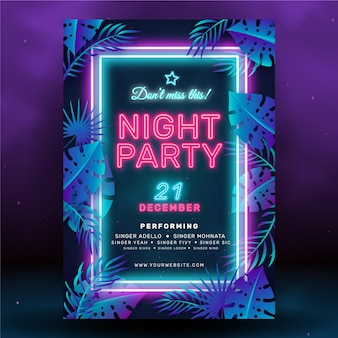 Modello di poster per feste notturne al neon