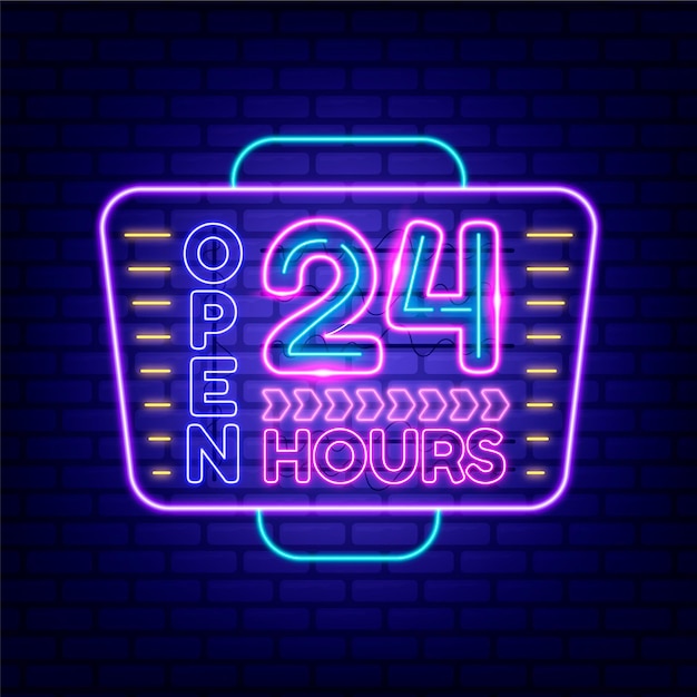 Free vector neon open 24 hours sign glowing