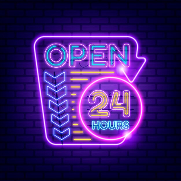 Neon open 24 hours sign glowing