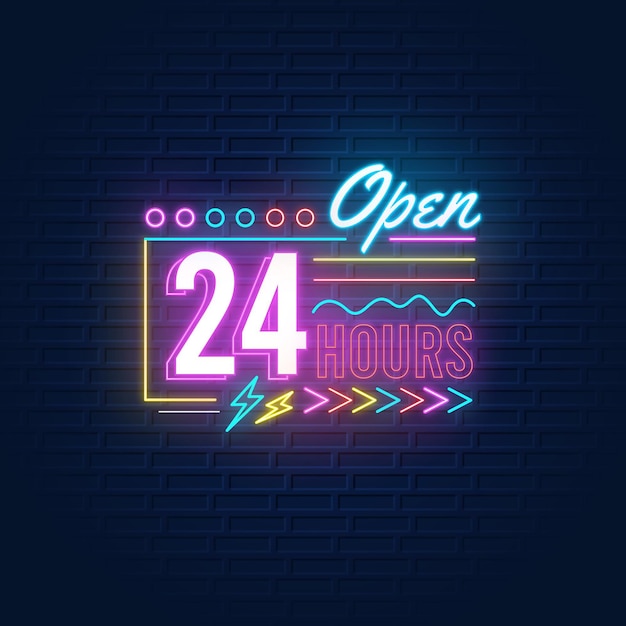 Vettore gratuito segno al neon aperto 24 ore su 24