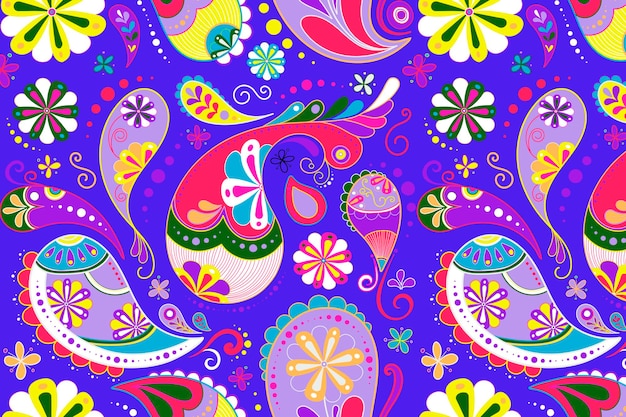 Неоновый фон Пейсли, фиолетовый индийский абстрактный узор вектор