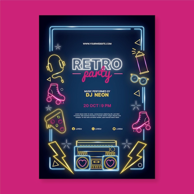 Neon party poster design template