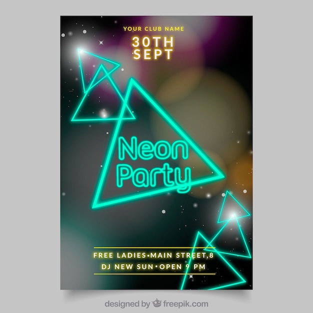 Poster del partito al neon con forme geometriche