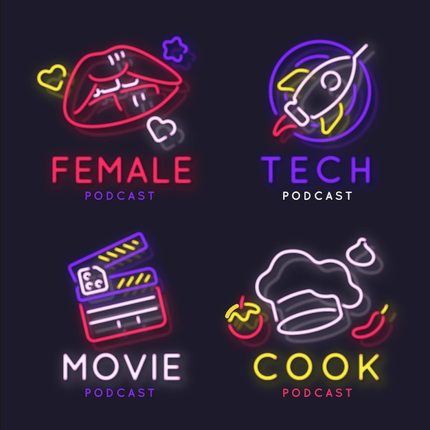 Free vector neon podcast logo collection