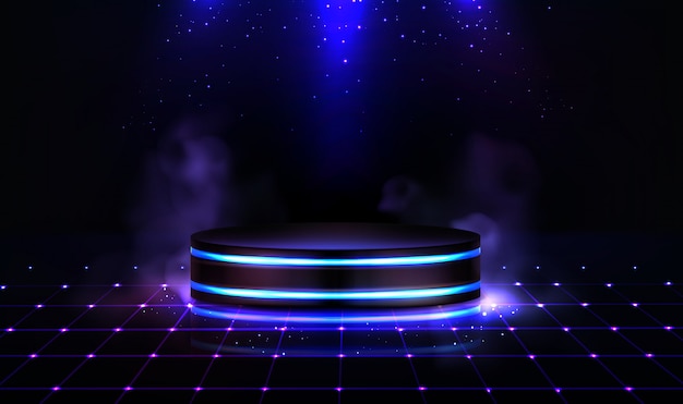 Free vector neon podium with smoke and sparkles