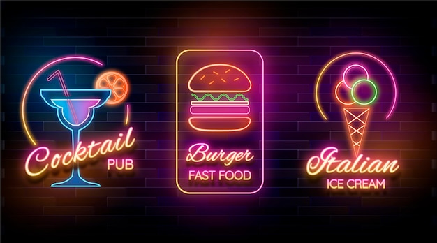 Vettore gratuito collezione di insegne al neon per pub o ristoranti