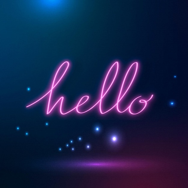 Free vector neon purple hello sign on a galaxy background