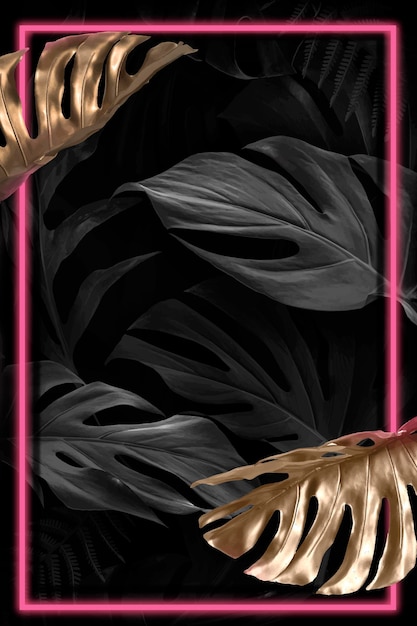 Neon red monstera leaves frame design resource