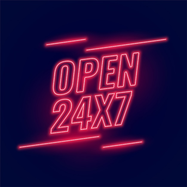 Neon red signboard for 24/7 open hours