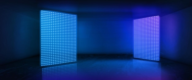 LED 조명 무대 벡터 배경을 갖춘 네온 룸 화면 야간 장면이 있는 어두운 추상 스튜디오 댄스 파티 또는 콘서트를 위한 빈 텔레비전 홀 카지노 게임 디자인을 위한 3d 블루 쇼룸 인테리어
