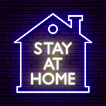 Neon sign, blue outline of a house with a chimney. in the center is white inscription 