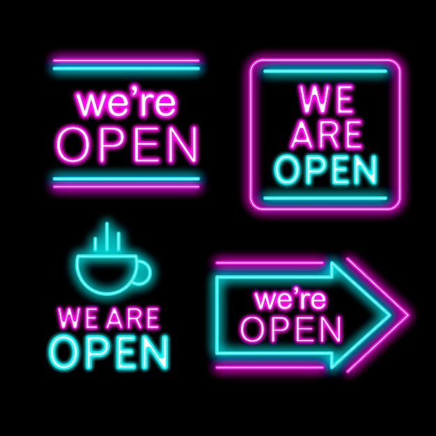 Neon sign collection with we are open